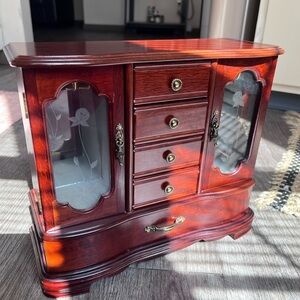 Vintage 1960’s Wooden Jewelry Box with Glass Panels